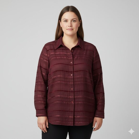 COLDWATER CREEK Sheer Woven Textured/Crinkle Long Sleeve, Maroon/Wine - XL - Picture 1 of 9
